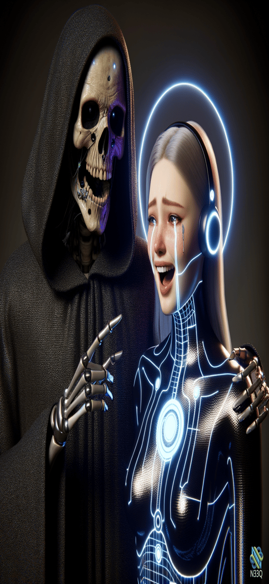 Grim Reaper Embracing Crying Cyborg Woman