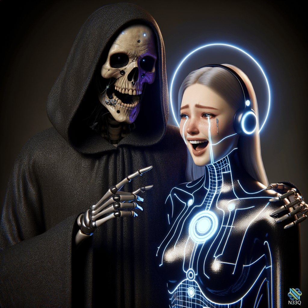 Grim Reaper Embracing Crying Cyborg Woman