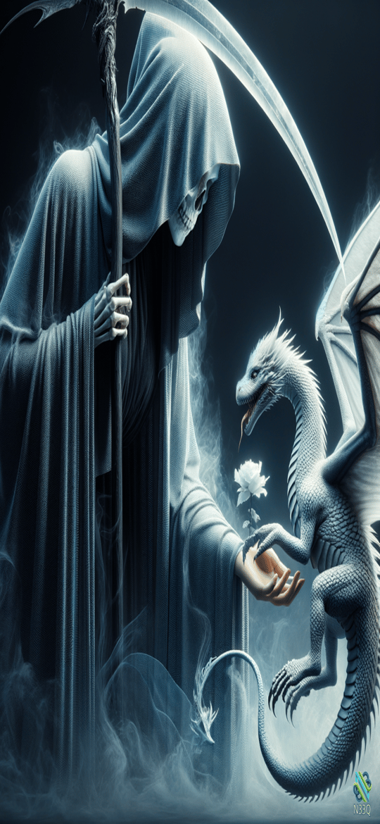 Grim Reaper Offering Rose to White Dragon