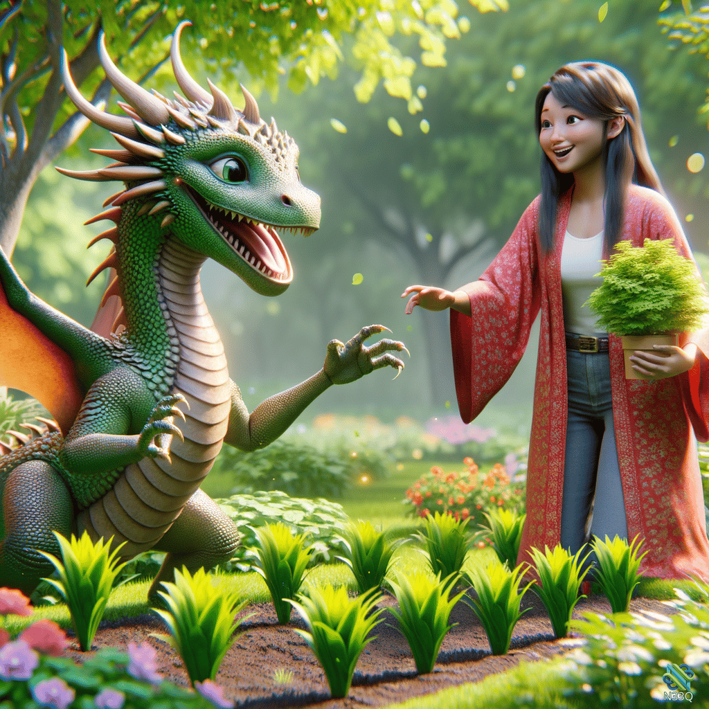 Woman Greeting Green Dragon in Garden