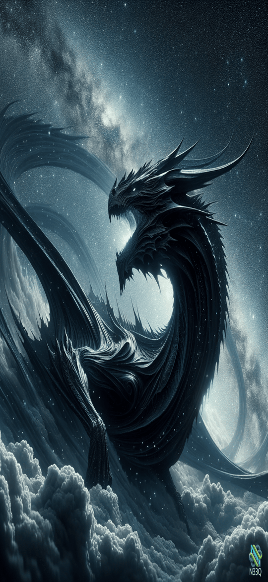 Black Dragon Soaring Through Starry Clouds