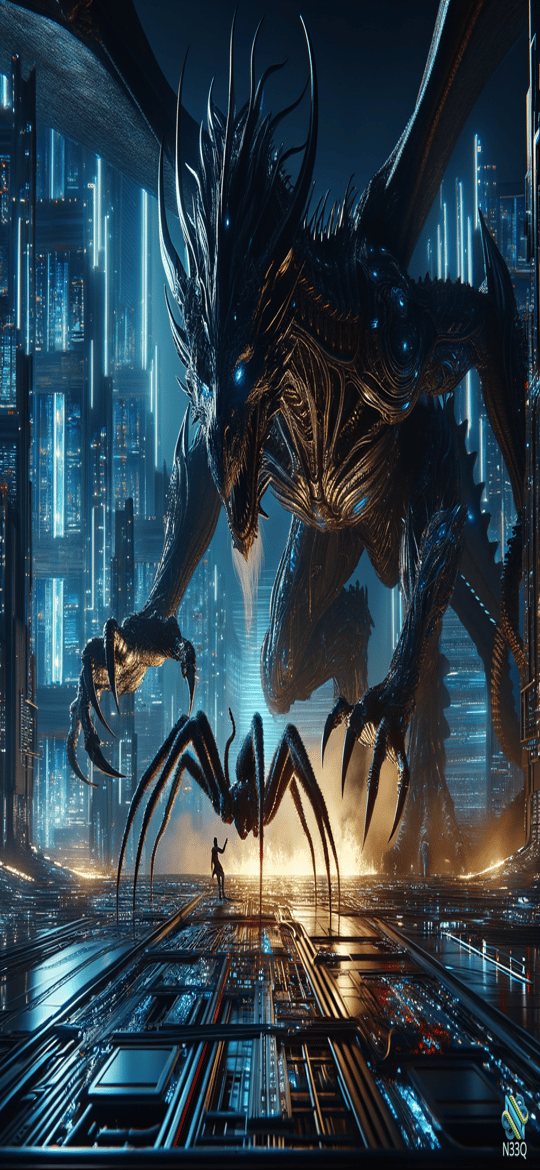 Colossal Dragon and Giant Spider Over Neon City