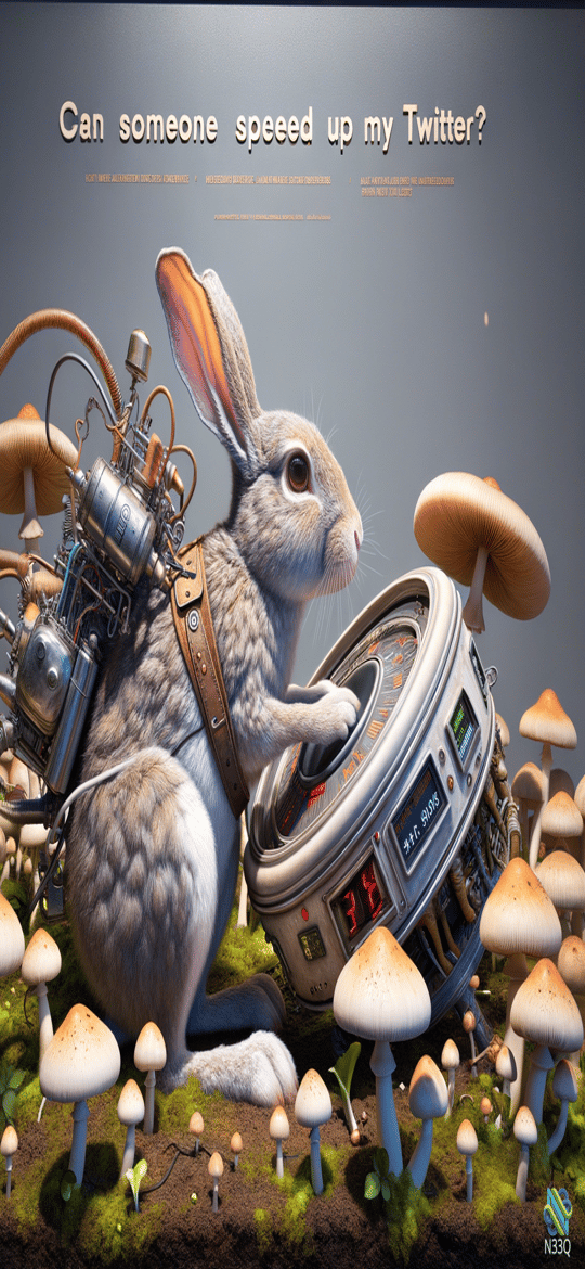 Cyborg Rabbit Operating Futuristic Device in Mushroom Field