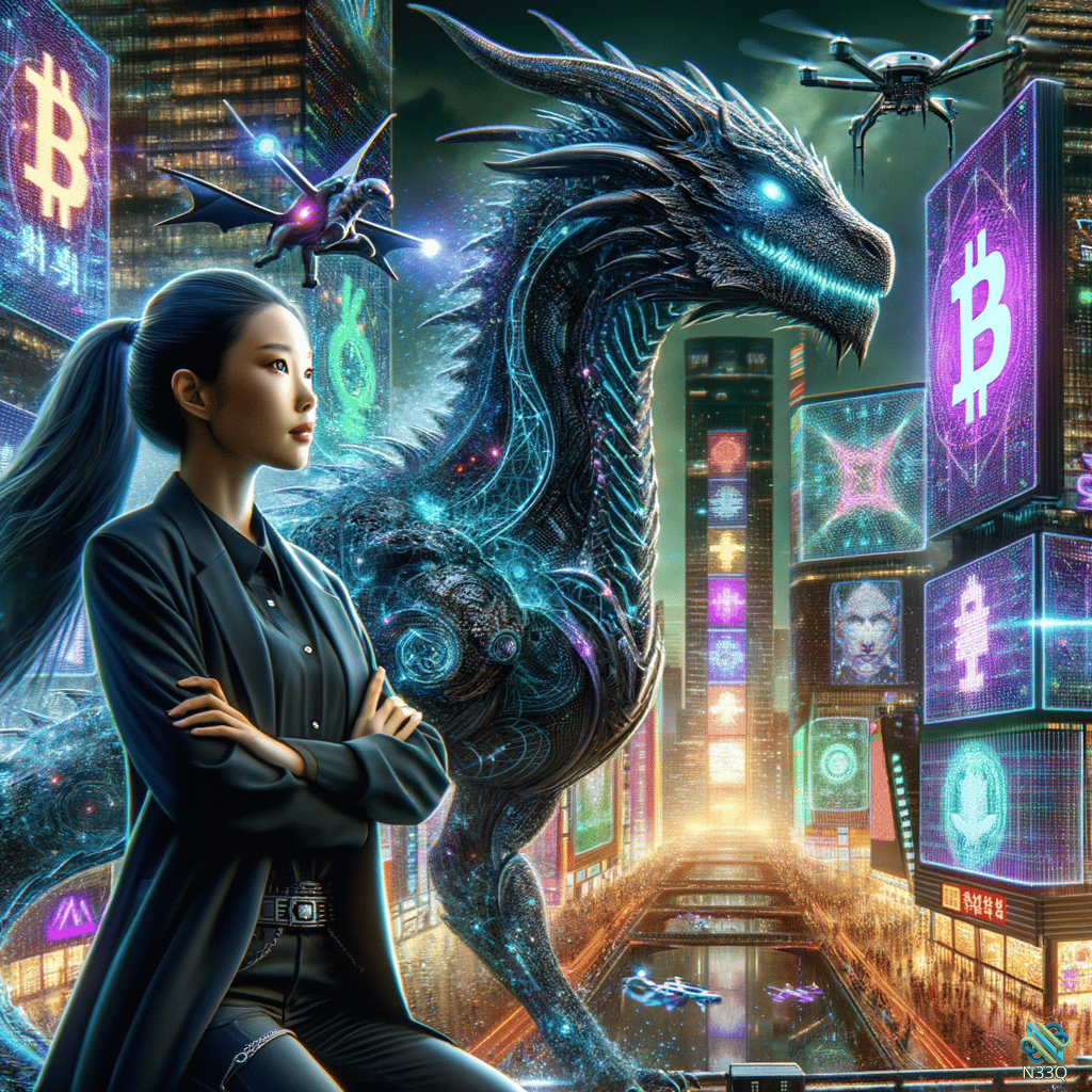 Woman and Neon Cyber Dragon in Bitcoin City