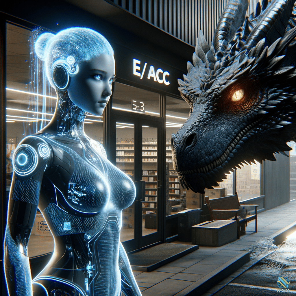 Blue Cyborg Confronts Dragon on City Street
