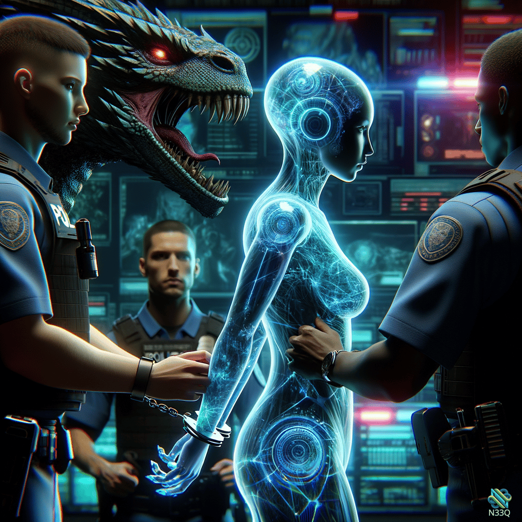 Police Officers Arresting Blue Holographic Woman