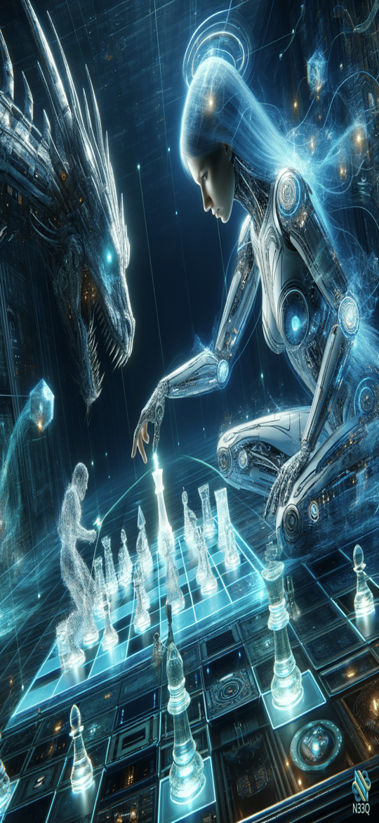 Cyborg Facing Mechanical Dragon Over Chessboard