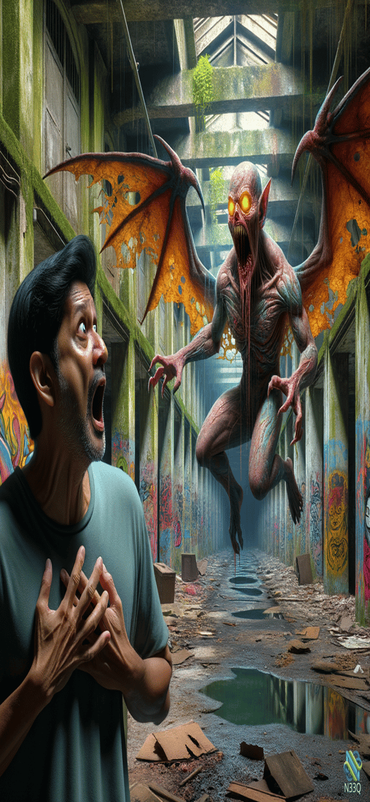 Man Terrified by Winged Monster in Abandoned Warehouse