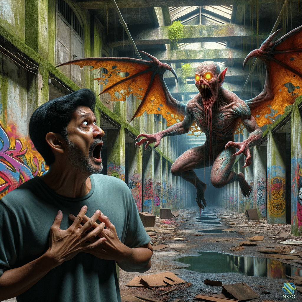 Man Terrified by Winged Monster in Abandoned Warehouse
