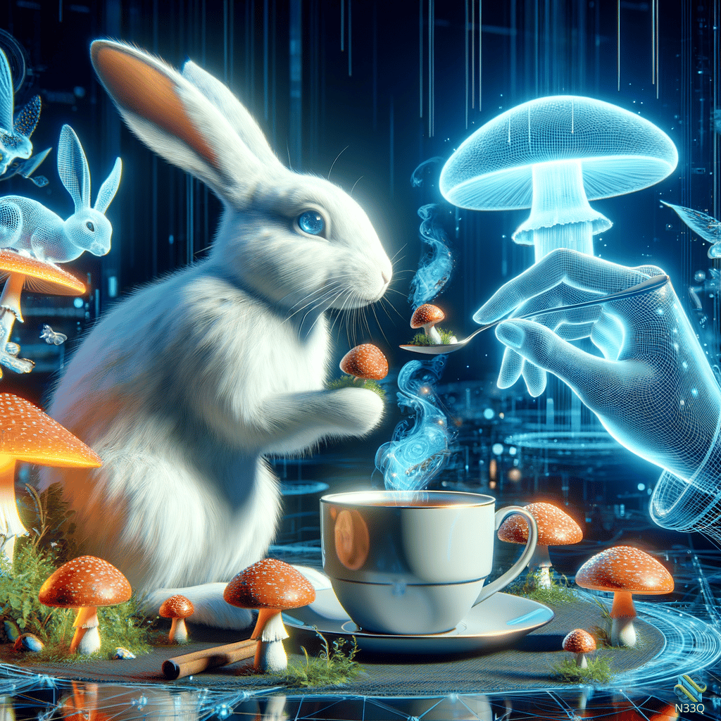 White Rabbit with Holographic Mushroom and Coffee