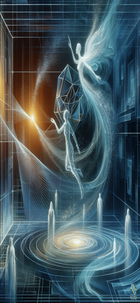 Ethereal Figures with Geometric Polyhedron in Grid Room