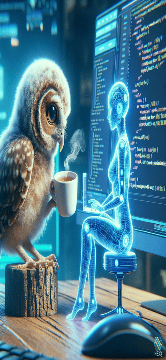 Owl With Coffee Beside Holographic Coder