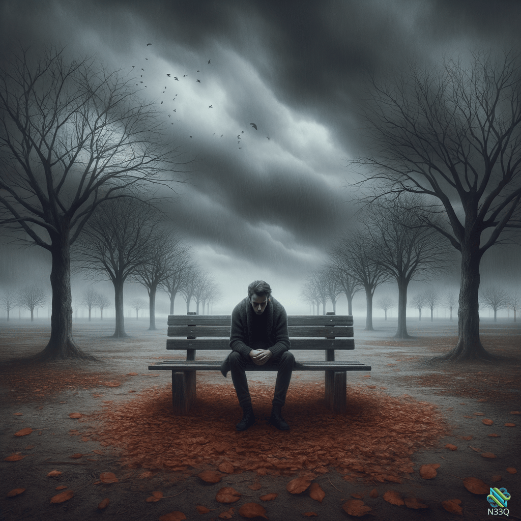 Lonely Man on Bench in Foggy Park