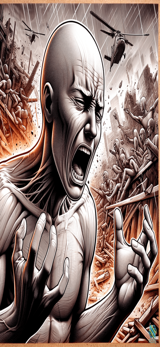 Muscular Bald Man Screaming in War Ruins