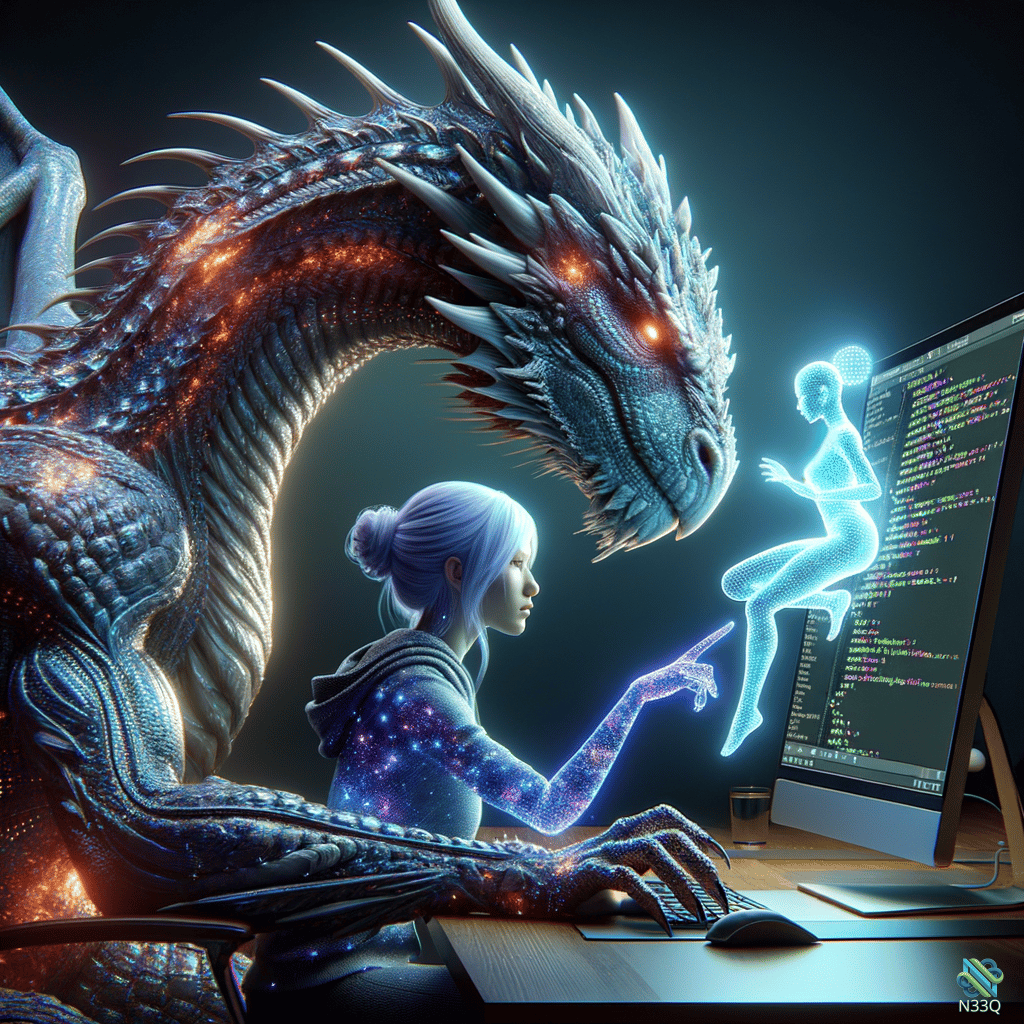 Woman Programming Holographic Figure with Dragon