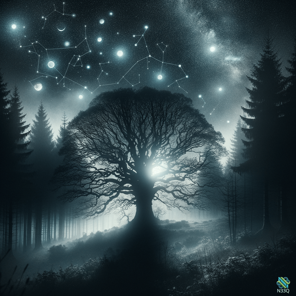 Silhouetted Tree Under Glowing Constellations