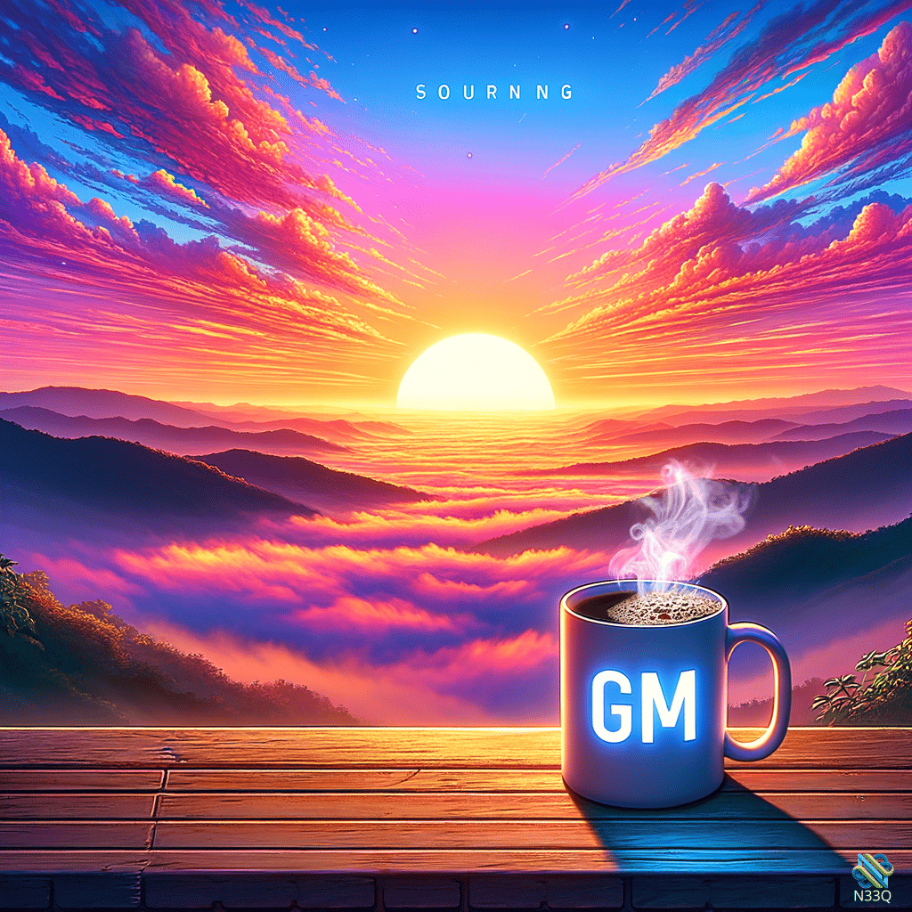 Glowing GM Mug Over Mountain Sunrise