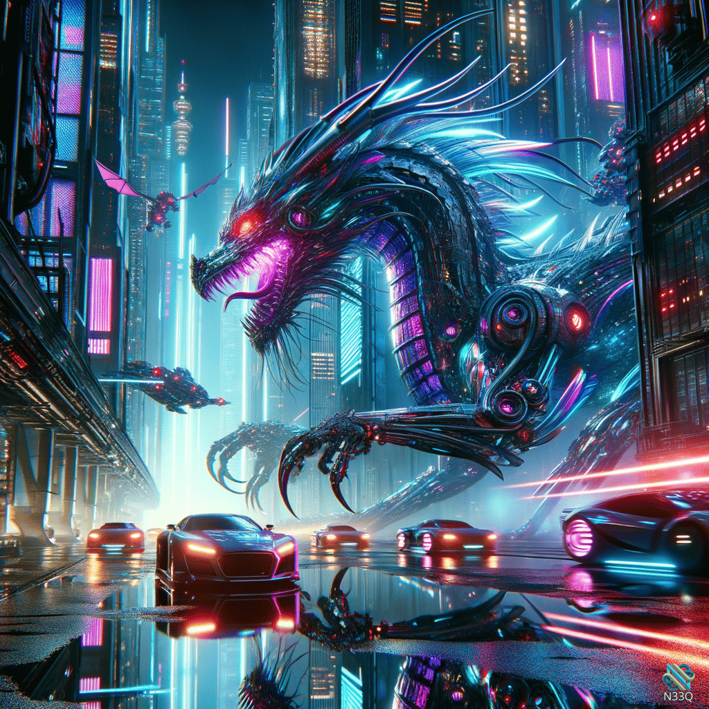 Mechanical Dragon Over Neon Cyberpunk City