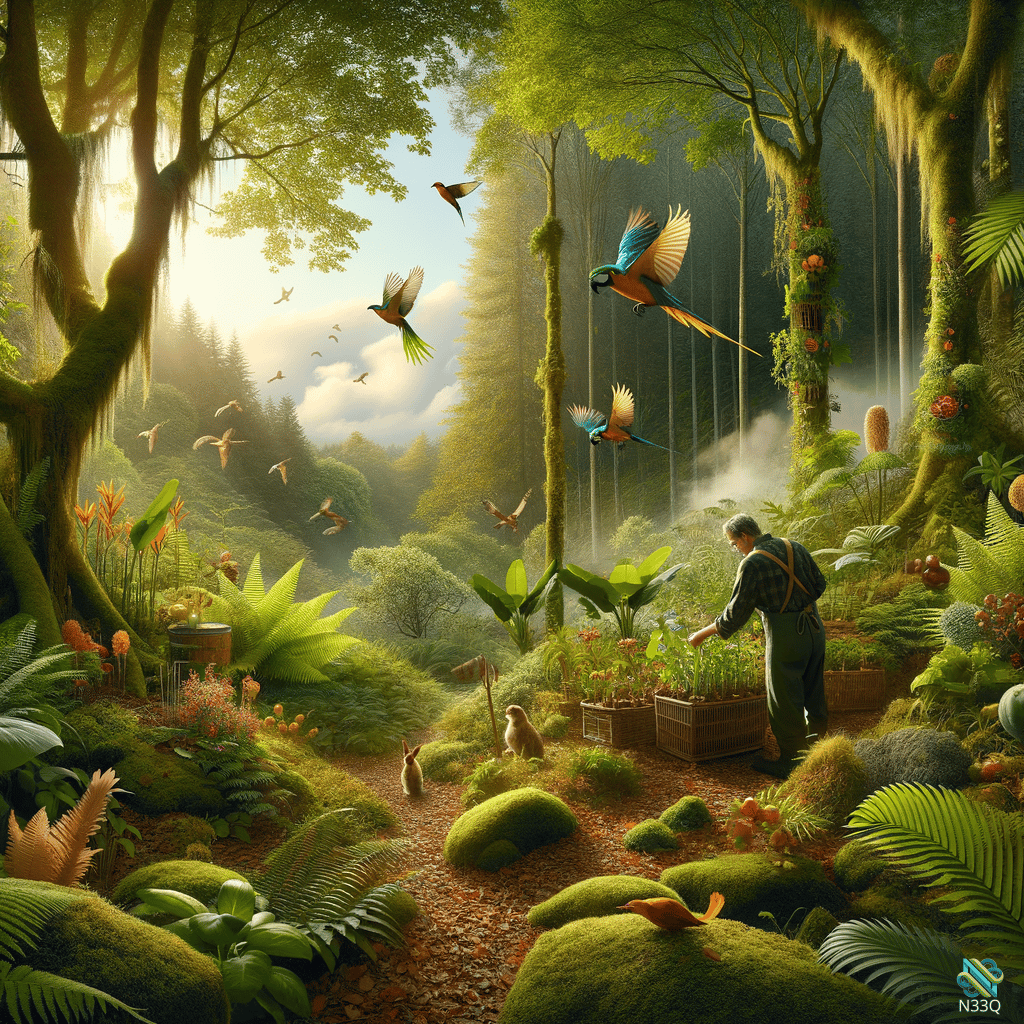 Gardener Tending Plants in Mossy Jungle