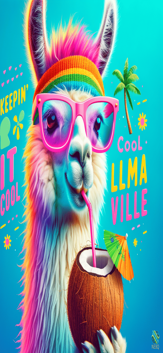 Rainbow Llama Sipping Coconut with Sunglasses