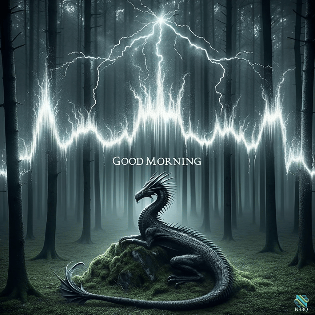 Black Dragon Under Lightning in Forest