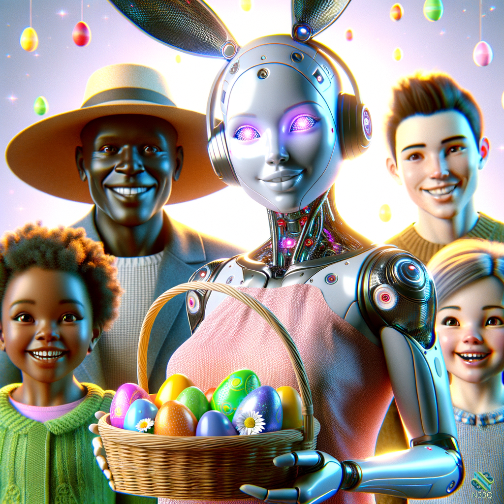 Robot Bunny Holding Easter Egg Basket