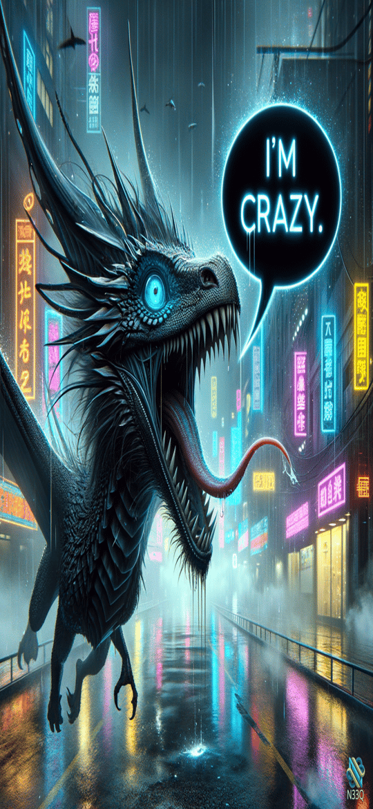 Black Dragon Roaring in Neon Cyberpunk Rain