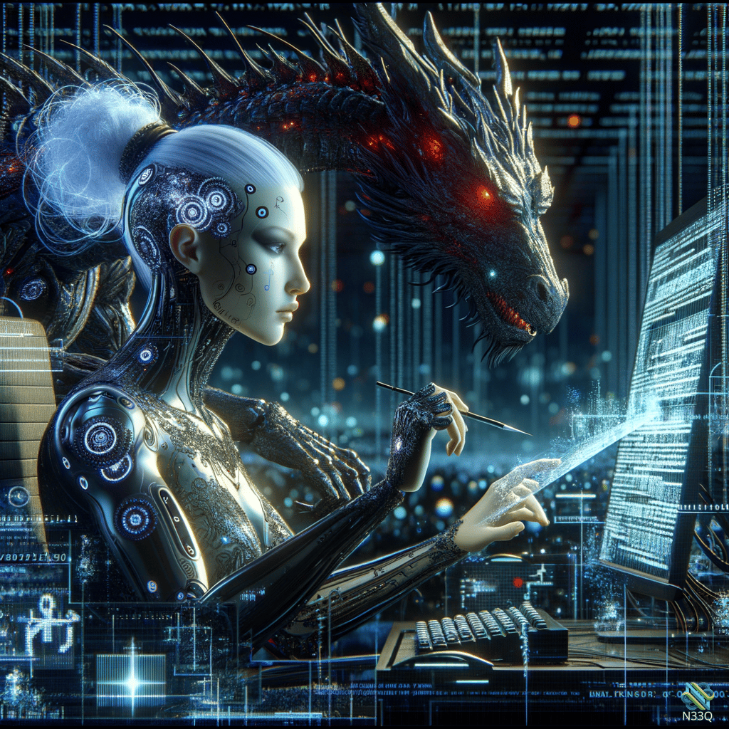 Cyborg Woman Coding With Red-Eyed Dragon