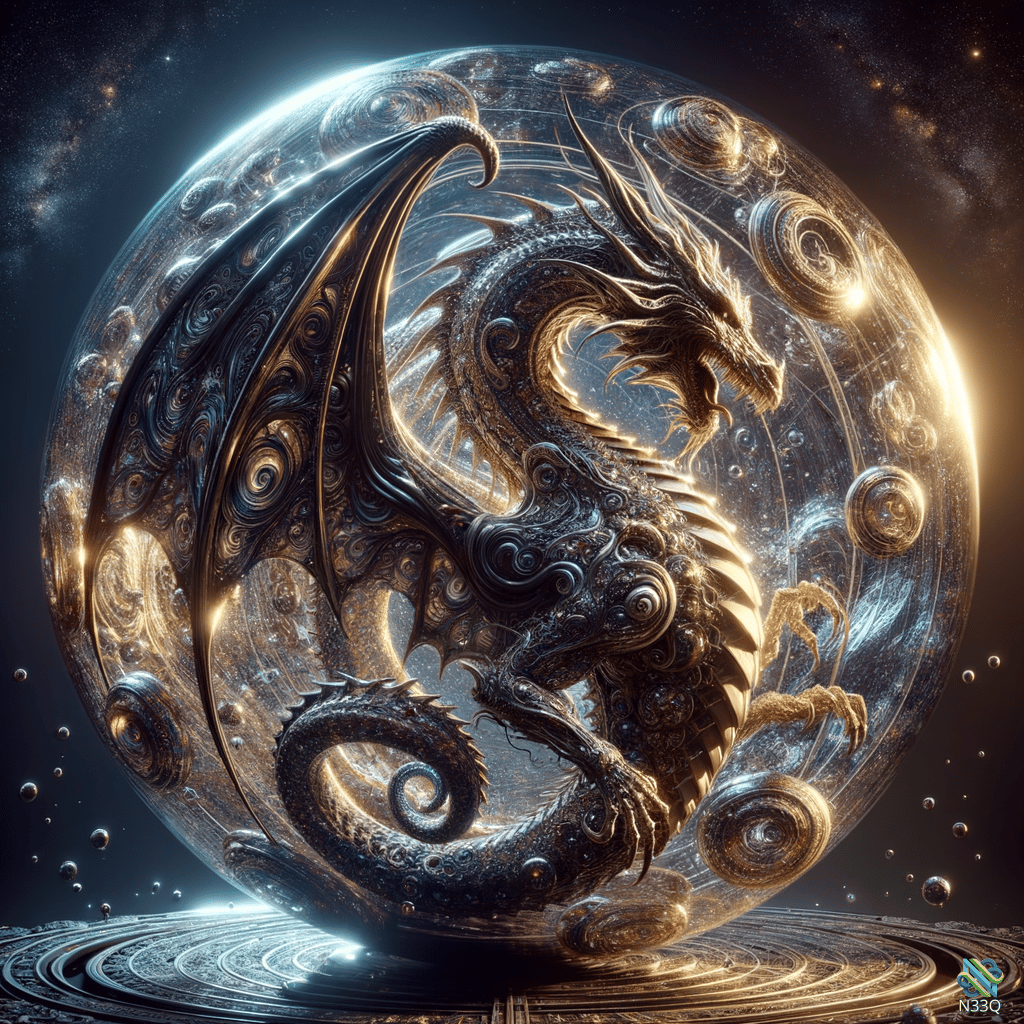 Dragon Within Ornate Glowing Cosmic Sphere