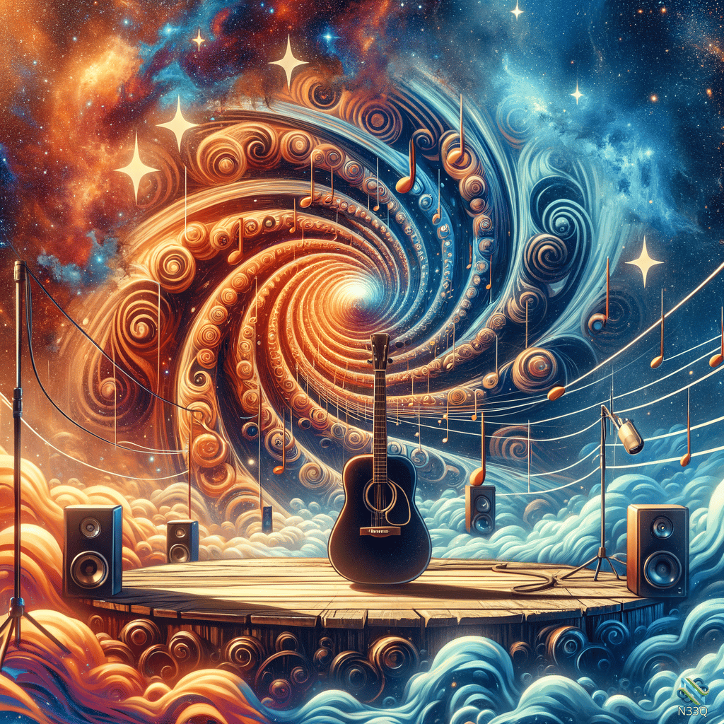 Guitar on Cosmic Stage Amid Swirling Notes