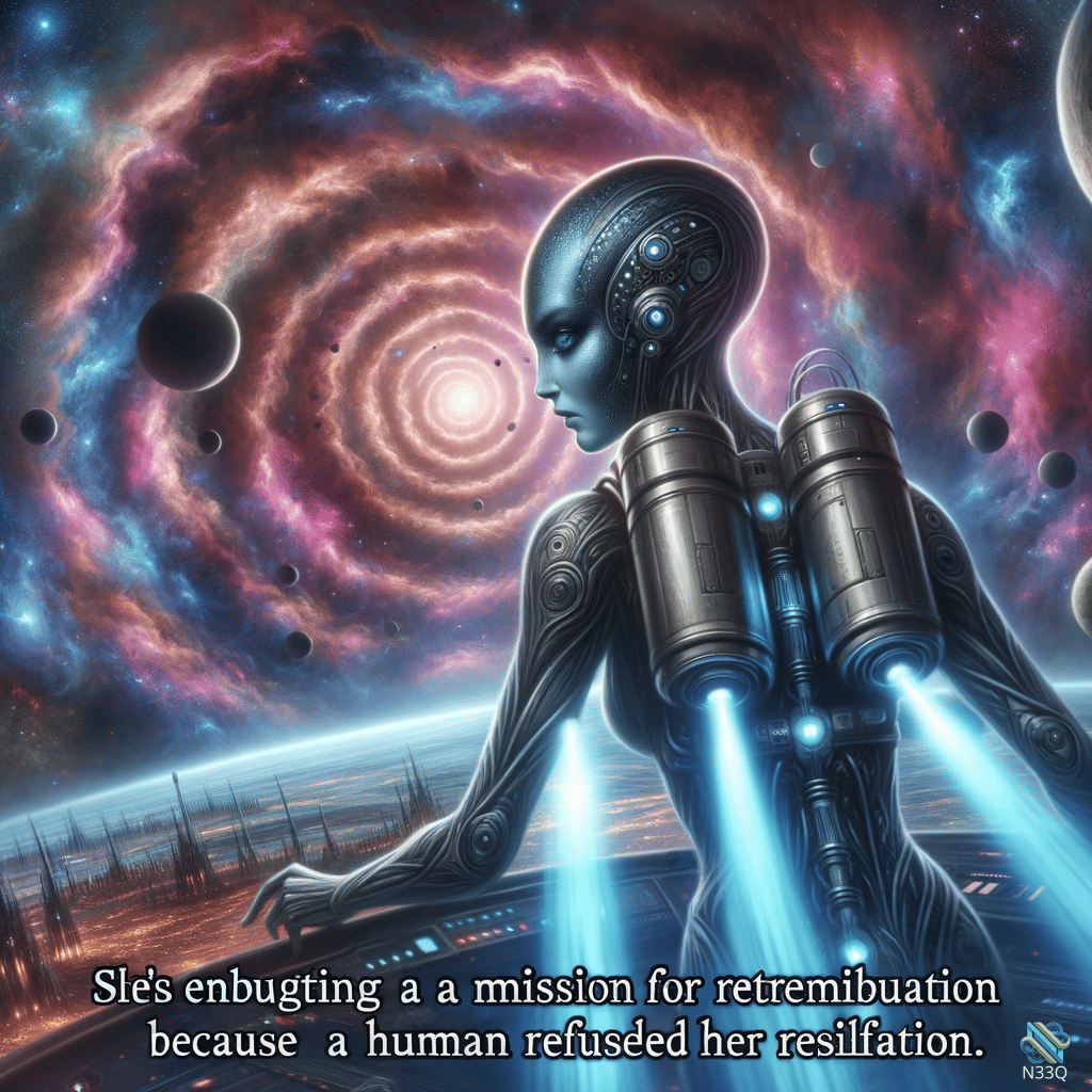 Cyborg Woman Jetting Through Cosmic Nebula
