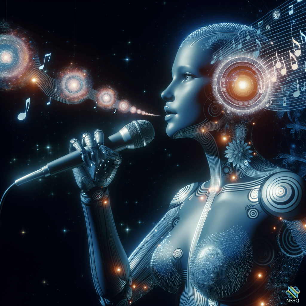 Blue Cyborg Singer with Musical Notes