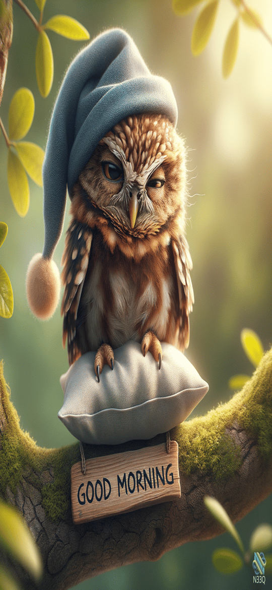 Sleepy Owl in Blue Nightcap on Pillow