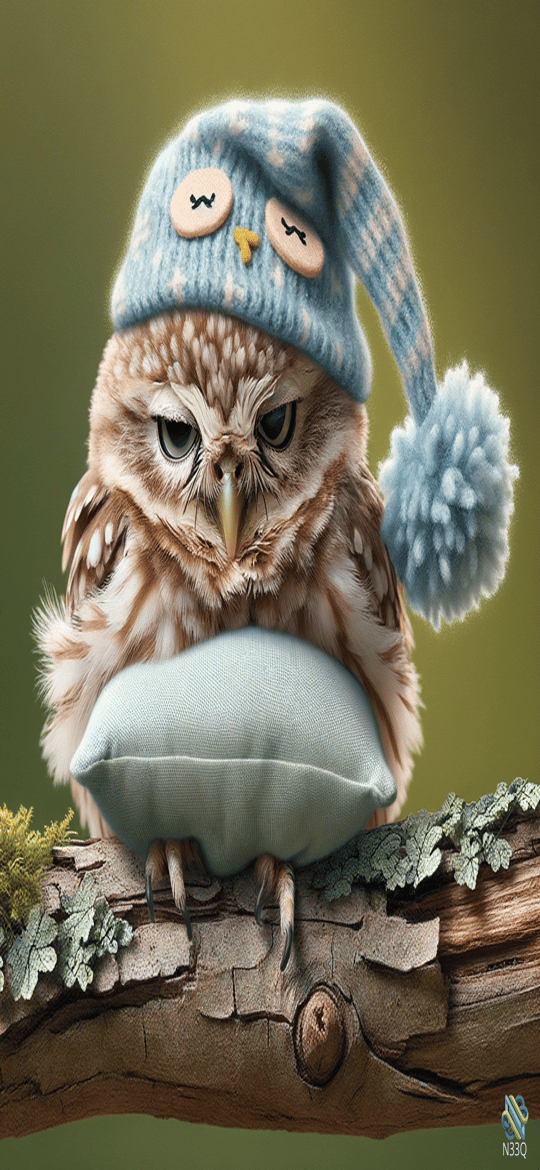 Sleepy Owl in Blue Nightcap on Branch