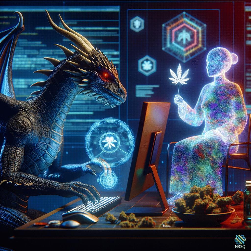 Dragon Typing Beside Holographic Cannabis Figure