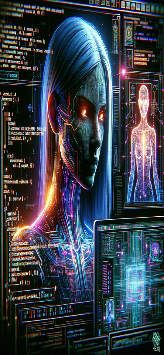 Blue-Haired Cyborg Amid Scrolling Digital Code