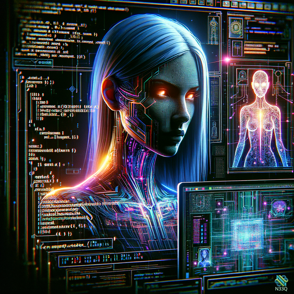 Blue-Haired Cyborg Amid Scrolling Digital Code