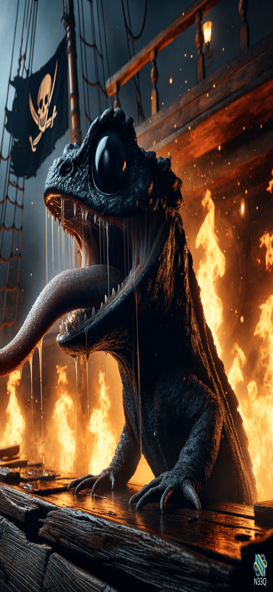 Drooling Lizard Monster on Burning Pirate Ship