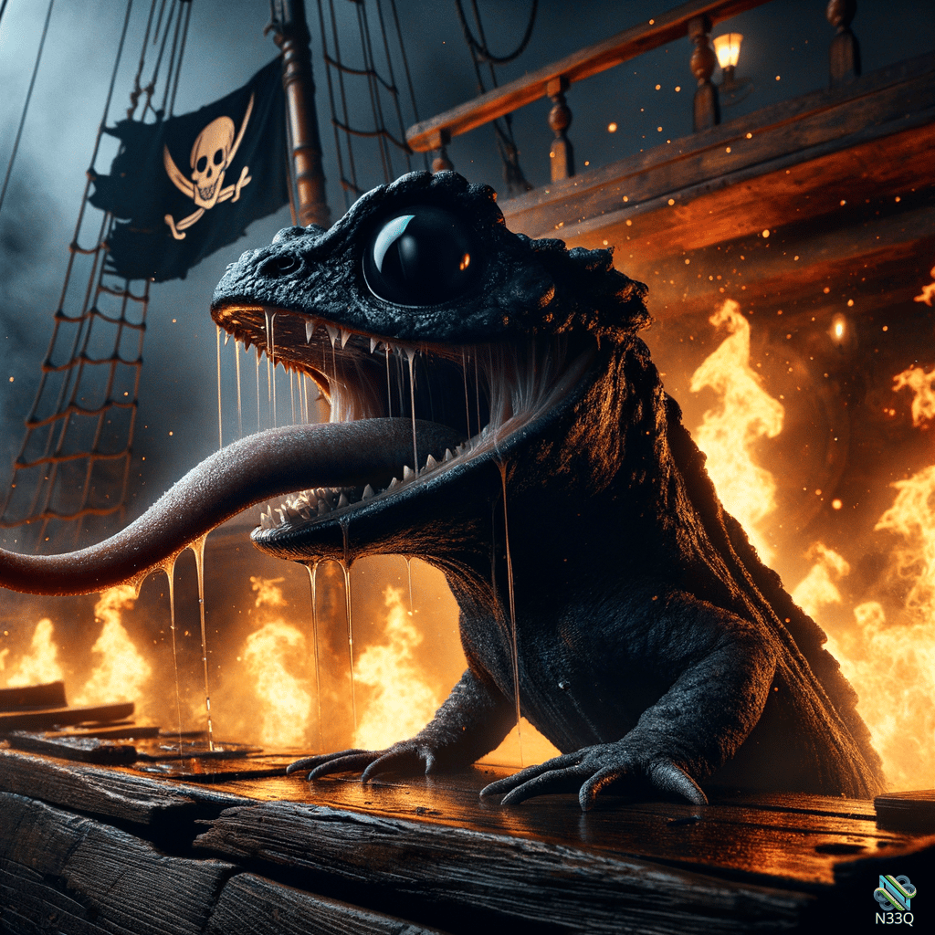Drooling Lizard Monster on Burning Pirate Ship
