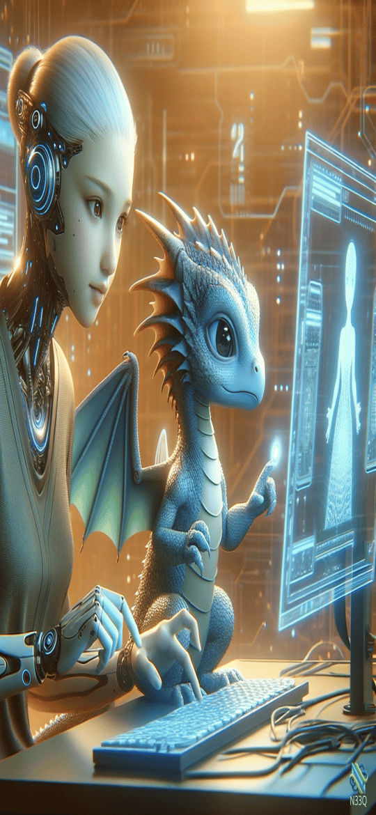 Cyborg Woman and Blue Dragon in Lab
