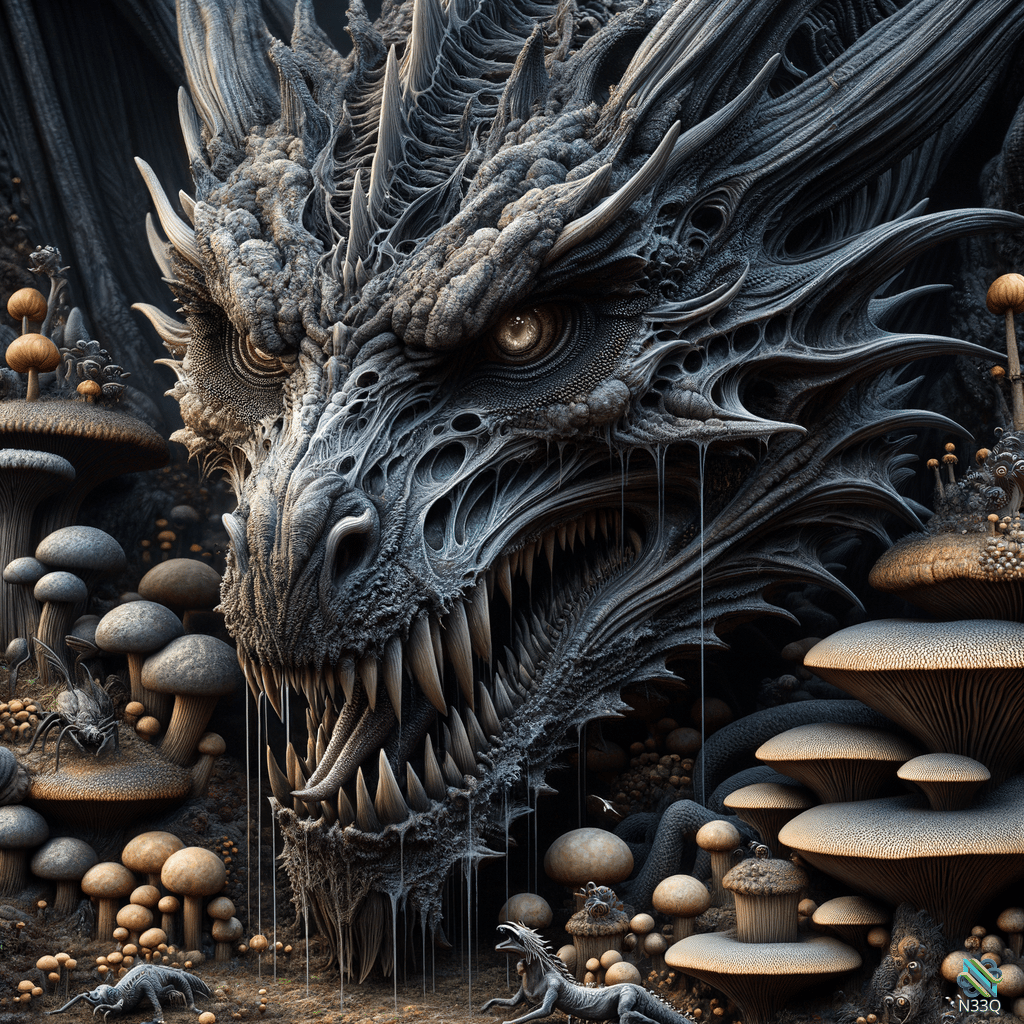 Menacing Dragon Head Amidst Mushrooms