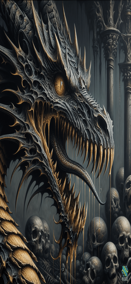 Dragon Head Amidst Skulls and Pillars