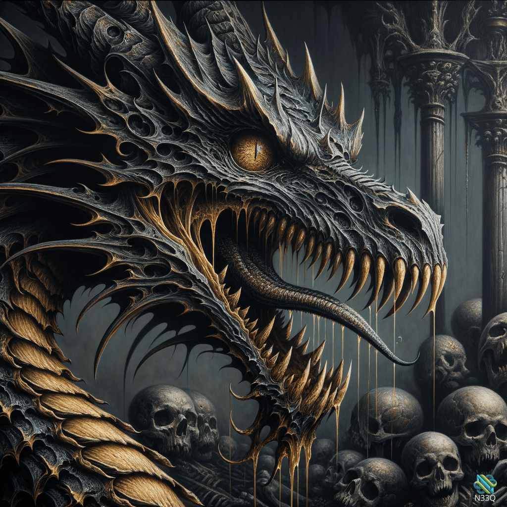 Dragon Head Amidst Skulls and Pillars