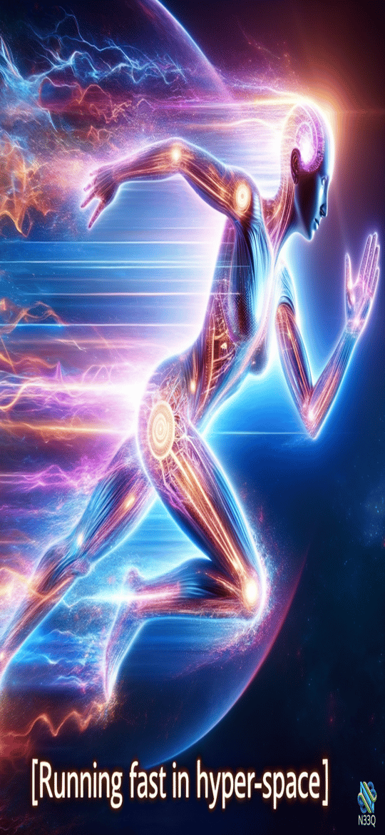 Glowing Cybernetic Woman Running in Hyperspace