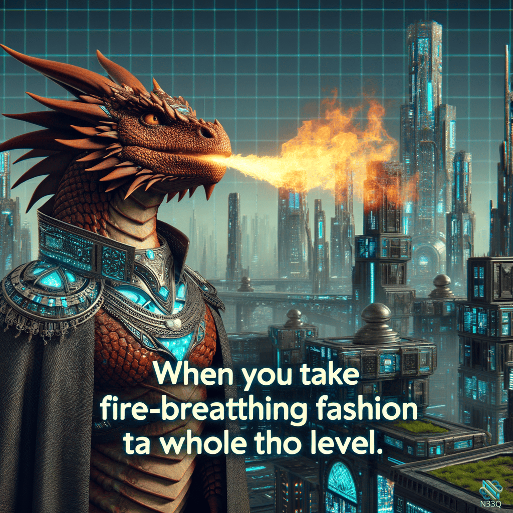 Armored Dragon Breathing Fire Over Cyberpunk City