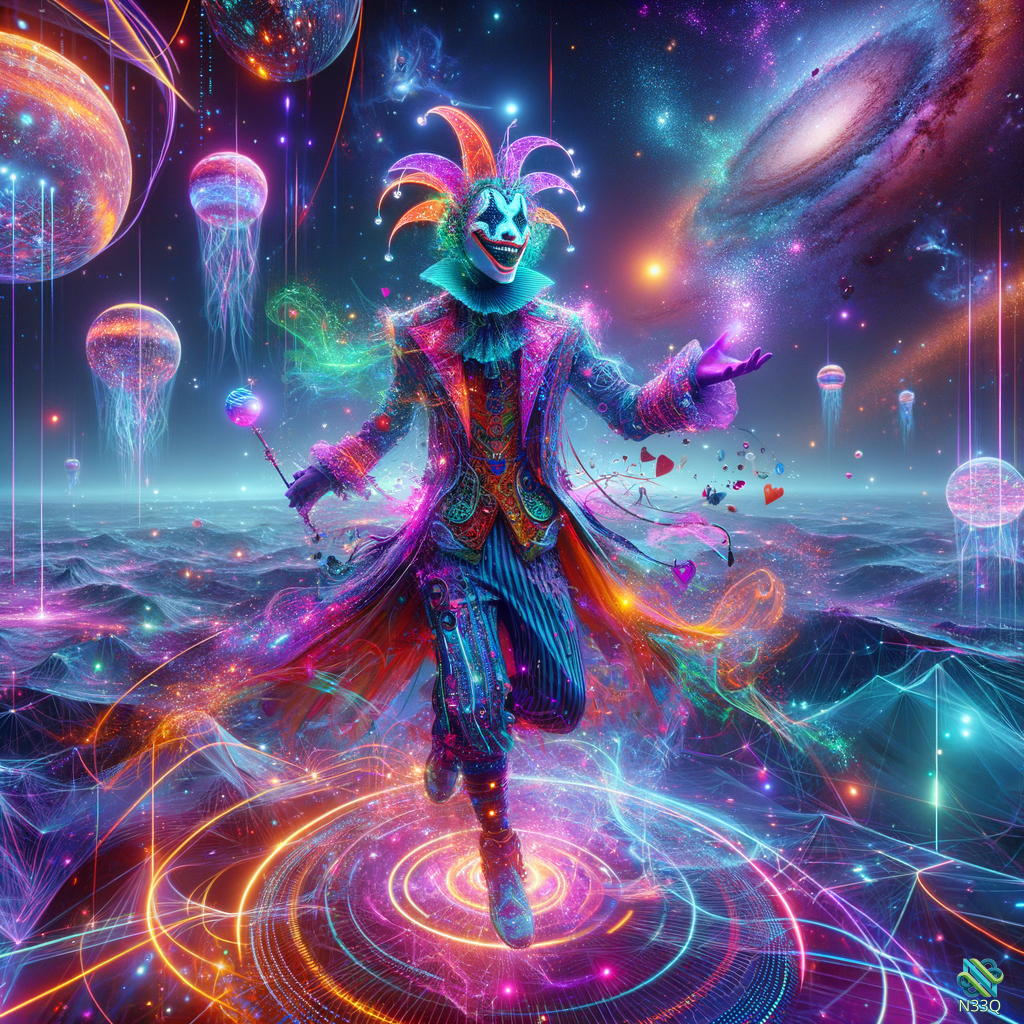 Cosmic Jester Dancing in Neon Nebula