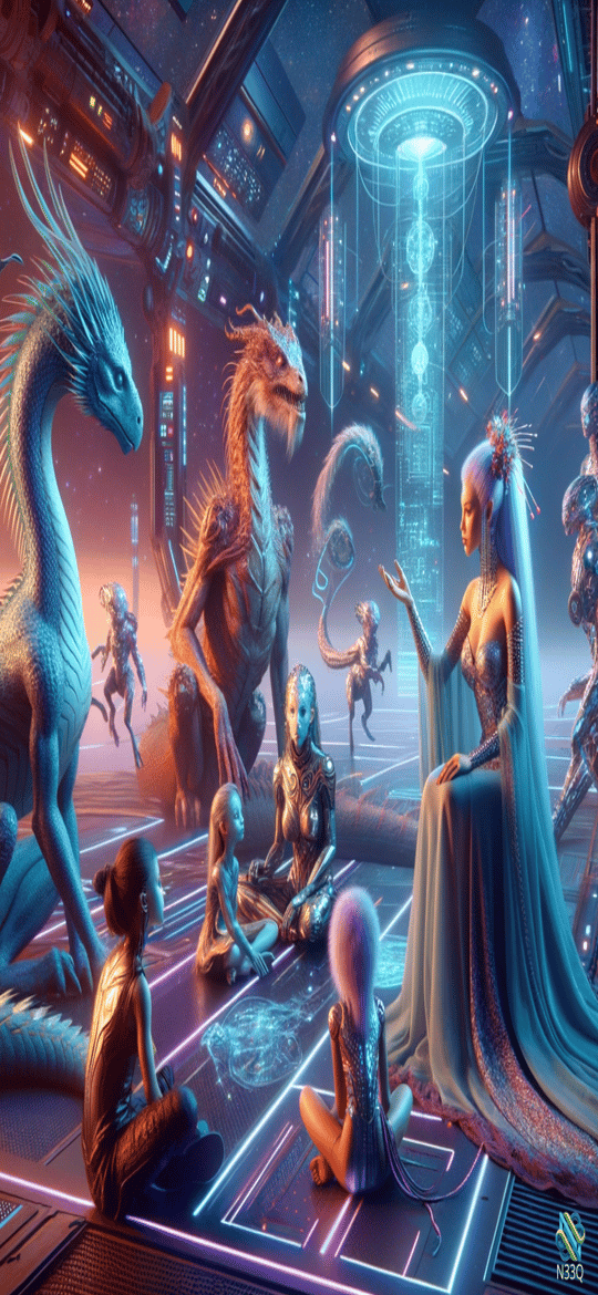 Woman and Dragons Gathering in Spaceship