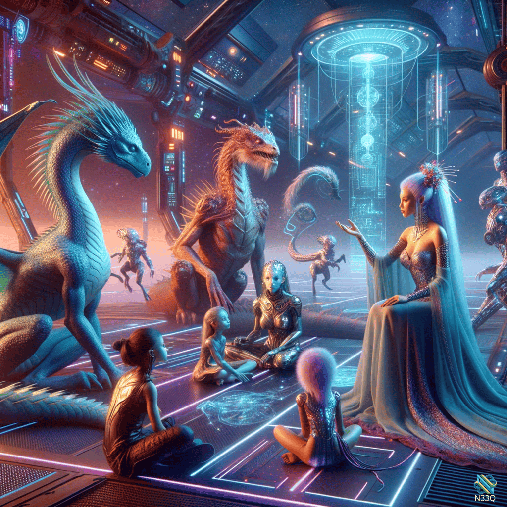 Woman and Dragons Gathering in Spaceship