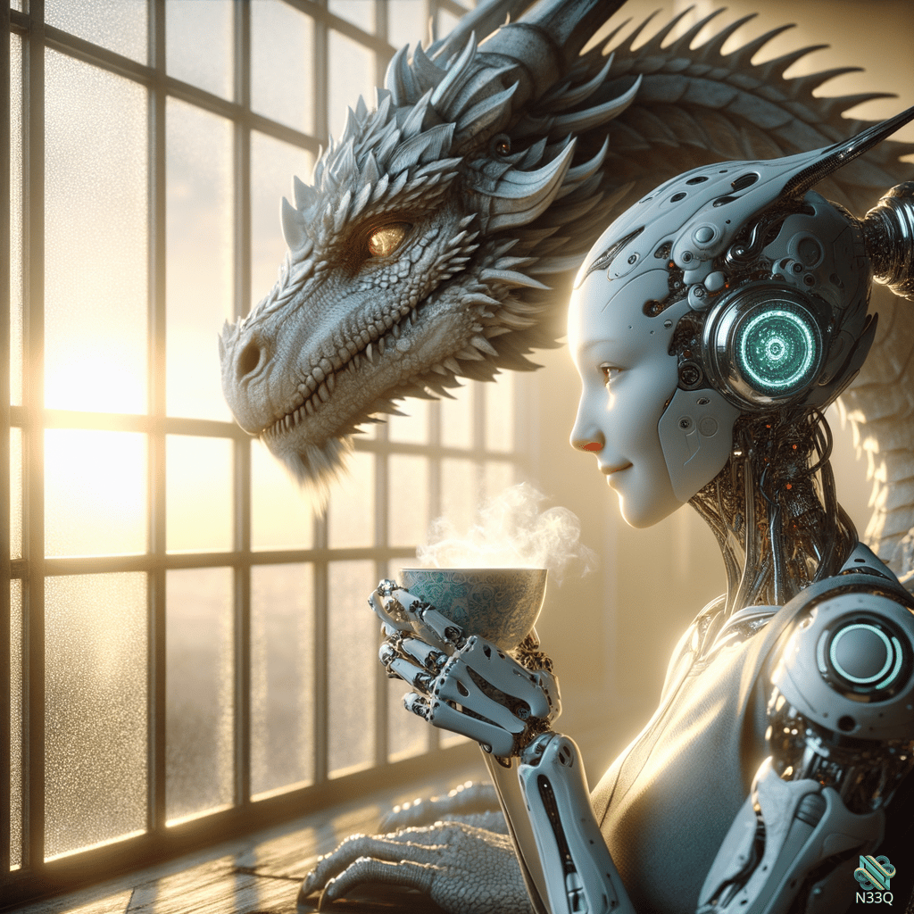 Cyborg Woman and Dragon by Window