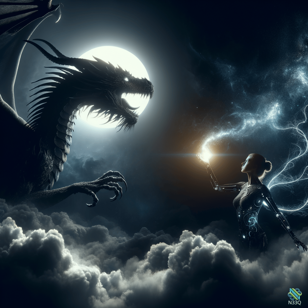 Dragon Confronting Cyborg Woman Under Moonlight